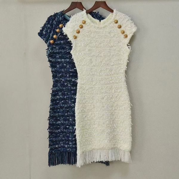 

2021 fw white/royal blue knitting dress sleeveless tassels buttons bodycon dresses designer party prom vestidos de festa 81622, Black