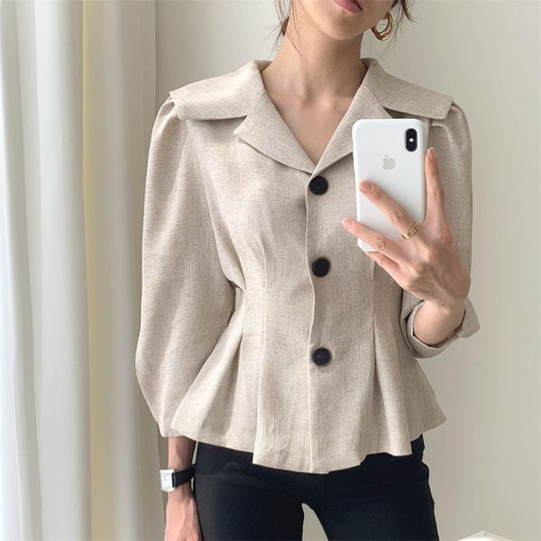 

korean chic fashion high waist streetwear office lady slim notched shirts quality full sleeves blouses 210421, White