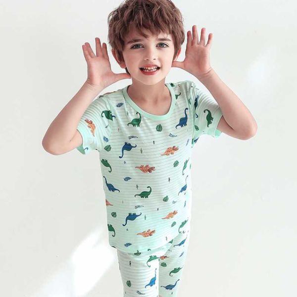Kids pijamas meninos crianças verão manga curta sleepwear dos desenhos animados dinossauro 2 pcs sets toddler algodão linda roupa interior pijama conjunto 210908