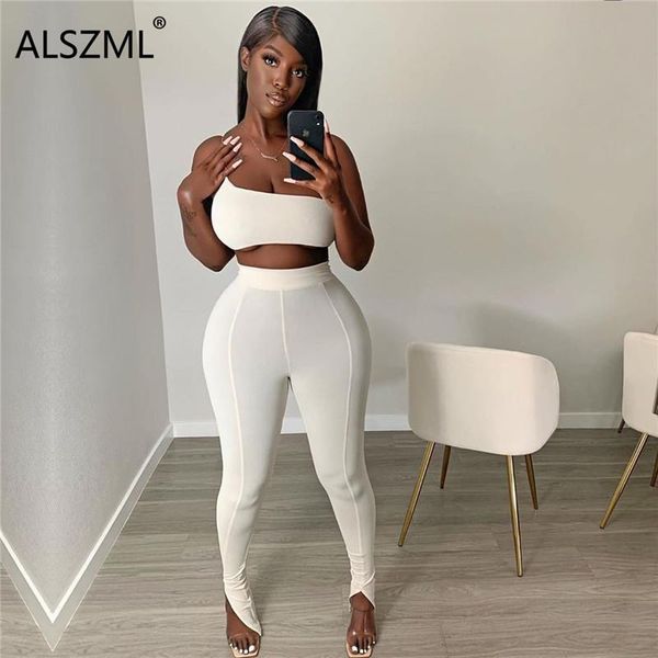 

fashion simple pure white two piece set summer lady one shoulder crop tees and skinny leggings tracksuit dress