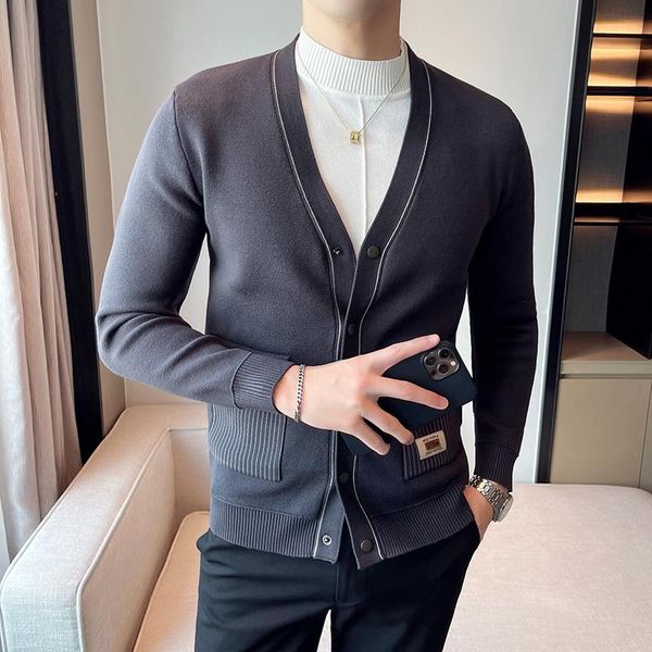 

men's sweaters 4xl- autumn business gentlemen cardigan men clothing 2021 fashion pockets decor slim fit casual knitted plus size, White;black