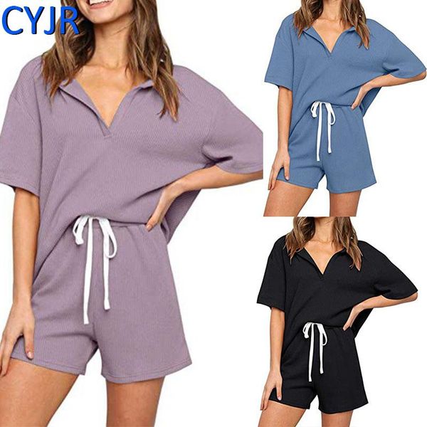 

women's t-shirt women summer pajamas set shorts short-sleeved v-neck 2-piece sleepwear nightgown casual solid color homewear suit track, White