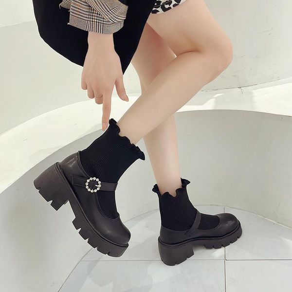 

dress shoes women sock boots pu leather platform autumn girls ankle ladies mary janes female casual botas 2021, Black