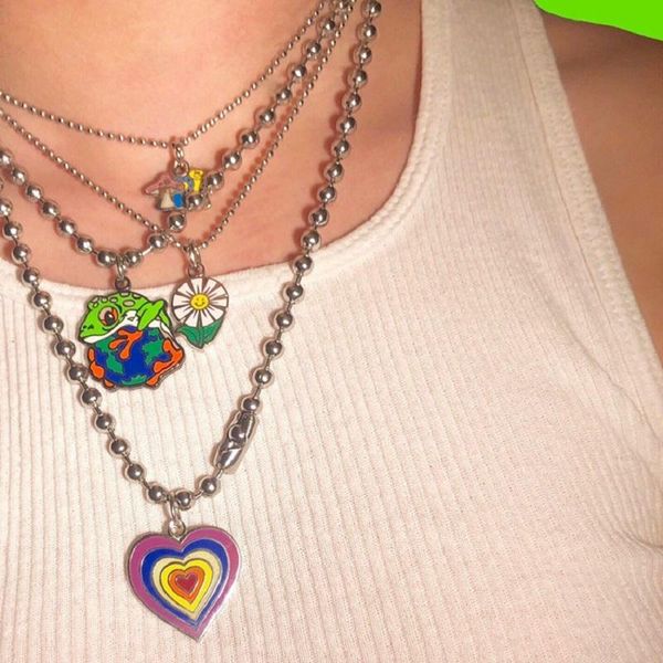 

chains sweet rainbow enamel heart necklace for women mushroom frog round bead chain choker sun flower charm pendant jewelry, Silver