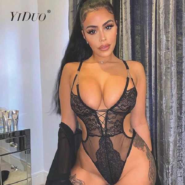 

yiduo deep v-neck plunge strappy sheer black lace bodysuit club women body see through backless thong teddy mesh women's jumpsuits & ro, Black;white