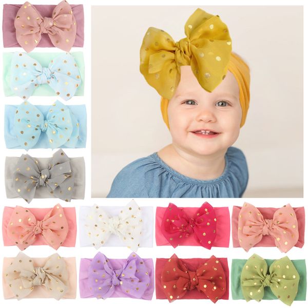 

15748 europe fashion infant baby nylon headband kids dots bowknot elastic hair band children soft headwear hairbands 13 colors, Slivery;white