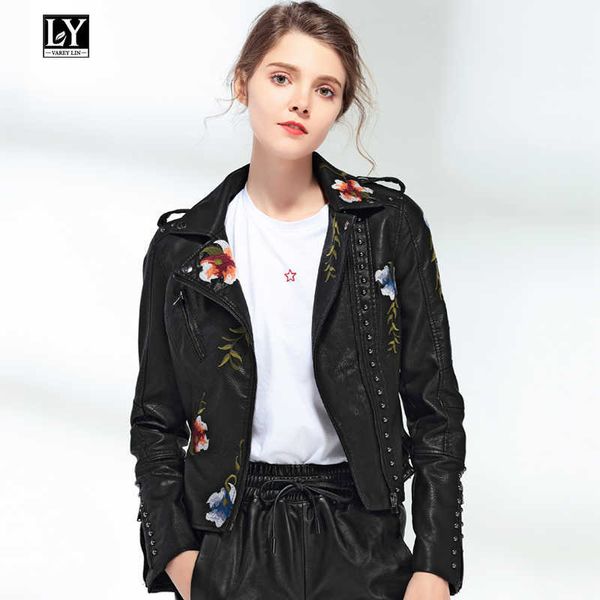 

ly varey lin faux soft leather embroidery jacket coat autumn women floral print punk rivet zipper black white outerwear 210526