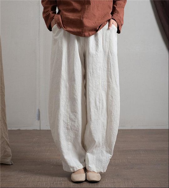 

loose spring autumn solid women pants color linen vintage elastic waist fall flax trousers, Black;white