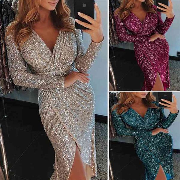 

women glitter sequined midi plus size dress clothes dresses long sleeve deep v neck package hip high split party vestidos 210517, Black;gray