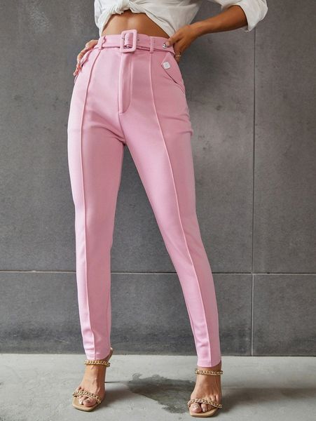 

high waist seam detail belted skinny pants r1qr#, Black;white