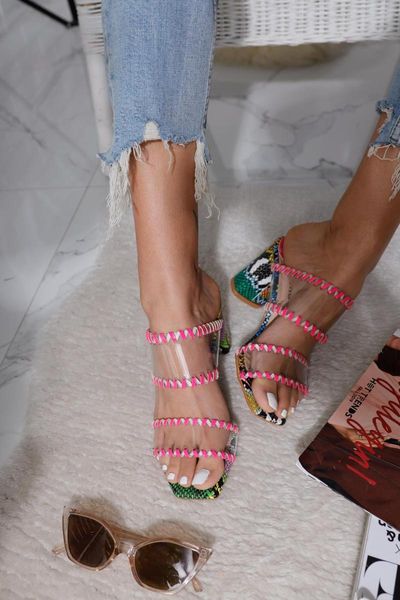 

slippers julianne fuchsia snake transparent strappy heels, Black