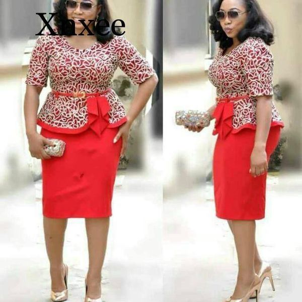 

ethnic clothing autumn elegent skirts belt african women plus size dress l-3xl formal suit office style knee length lace wedding kk96, Red