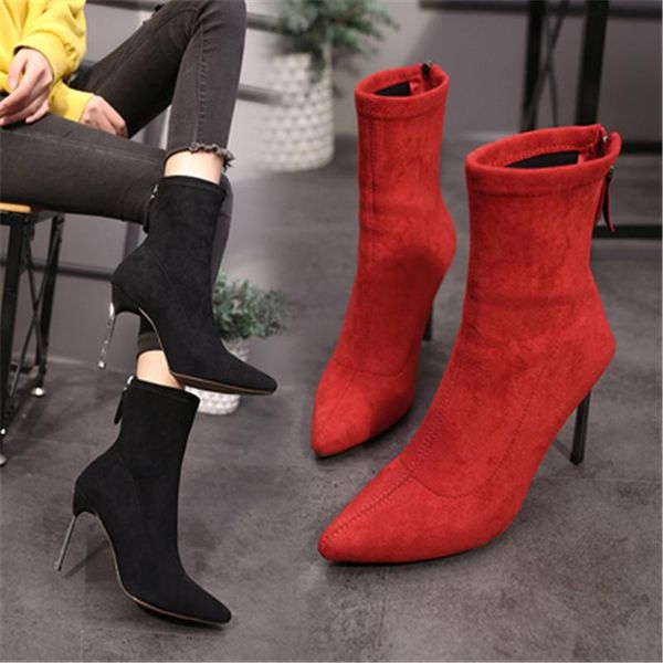 

boots stiletto women shoes zip stretch fabric female botas pointed toe mid-calf socks thin high heel elastic 34-39, Black