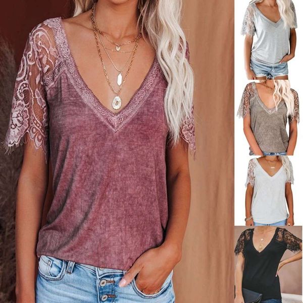 

2021 new female v-neck short feather lace sleeve loose t-shirt blouse, Black;gray