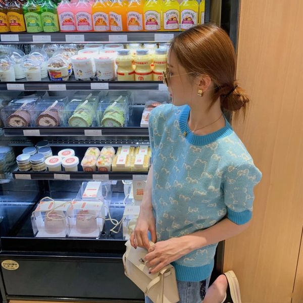 

luxury design printed letter jacquard short sleeve sweater women's spring summer loose round neck pullover blue casual t-shirt, White;black