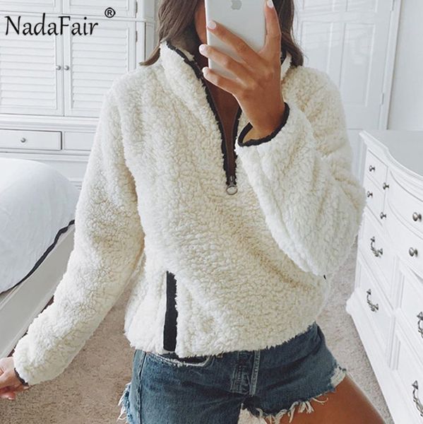 

nadafair 2021 winter fluffy sweater casual fleece warm oversized sweater women fuax fur christmas pullovers winter coat ladies, White;black