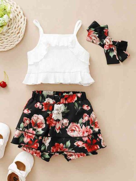 

baby ruffle trim rib knit crop cami & floral print layered hem shorts she, White