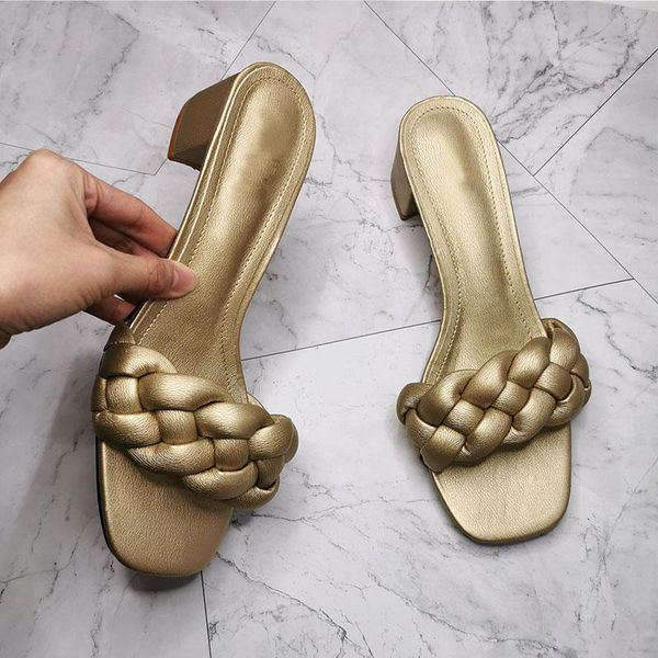 

slippers 2021 summer square heel women slides weave solid woman fashion outdoor modern party ladies shoes, Black