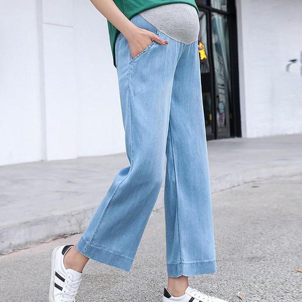 

maternity bottoms straight pants high waist for pregnant women clothes pregnancy clothing adjustable denim belly jean 2021, White