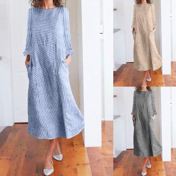 

casual dresses autumn long sleeve dress crew neck linen pocket elegant formal sukienka 2021 women striped printed, Black;gray