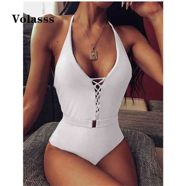 

swimsuit push up swimwear bandage belt buckle integrated bodysuit backless bathing suit high waist monokini 210702, White;black