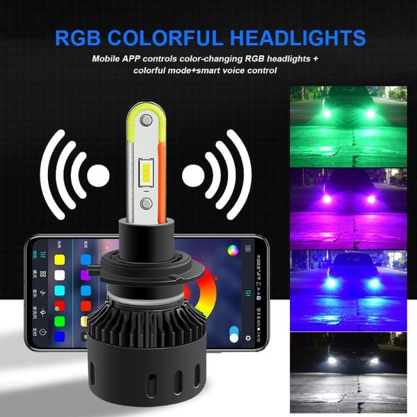 

car headlights 2pcs h7 led rgb headlight kit app bluetooth control multicolor fog lights bulbs lamp for trucks high power cob chip