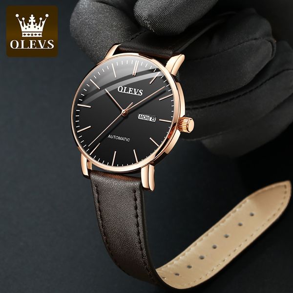 

olevs mark 2021 new men automatic watches leather tape business people mechanical waterproof retro clock5882, Slivery;brown