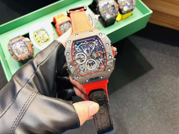 

wristwatches men's high-grade watch model ntpt carbon fiber multi-function automatic mechanical self wind movement canvas rubber strap, Slivery;brown