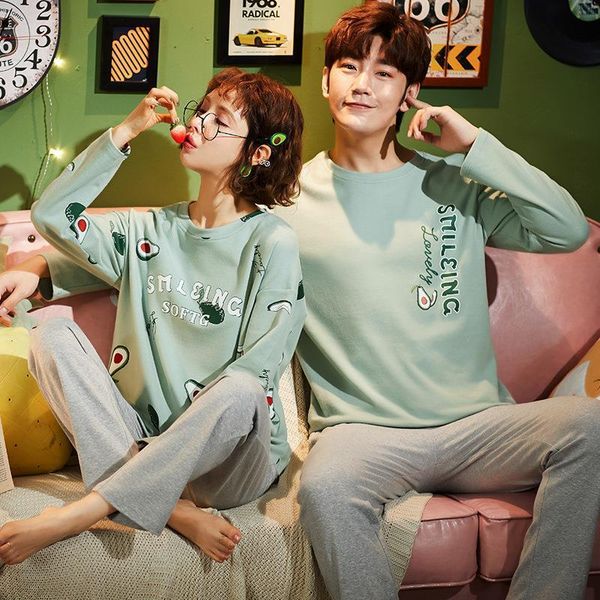

winter and autumn men women sleepwear cotton pajama sets refreshing green avocado couples homewear casual crew neck long sleeve nightwear, Black;red