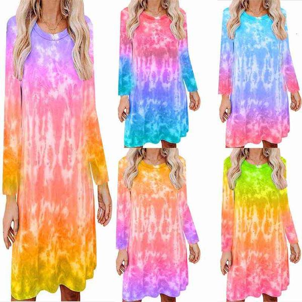 

women long sleeve tie dye dress crew neck loose gradient casual dresses famale autumn clothes, Black;gray
