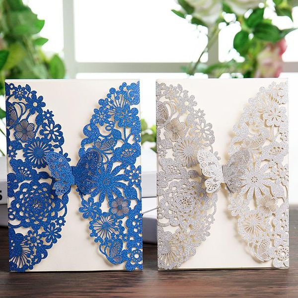

greeting cards 100pcs laser cut wedding invitations silver royal blue glitter with butterfly lace flower for quinceaÃ±era baby shower