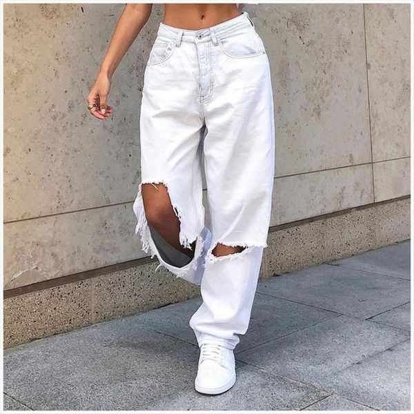 

high waist big ripped white womens jean trousers cyber y2k, Blue