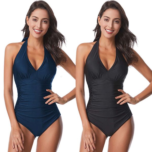 

one piece swimsuit women's solid large pleated lace up bikini, White;black