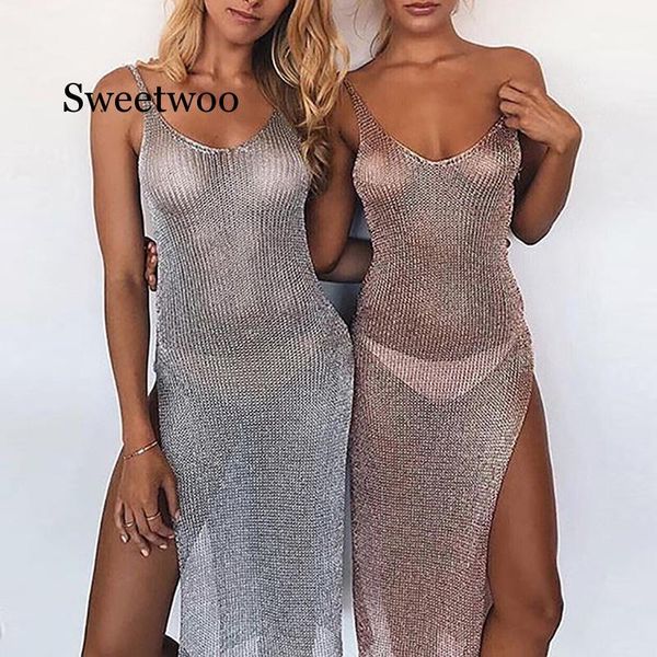 

mesh see long dress women beach bikini covers up sleeveless swimwear summer dresses ladies bathing suit women's, White;black