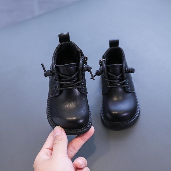 

flat shoes children solid color fashion boots kids baby girl plus thin velvet leather toddler round-toe spring fall shoe, Black;grey
