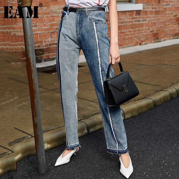 

women's pants & capris [eam] high waist contrast stitch blue denim jeans stylish trousers loose fit women fashion spring summer 2021 1u, Black;white