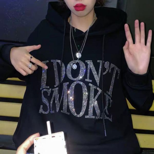 

women's hoodies & sweatshirts couple 2021 long sleeve autumn spring models rhinestone letters loose hooded letter printing sweatshirt w, Black