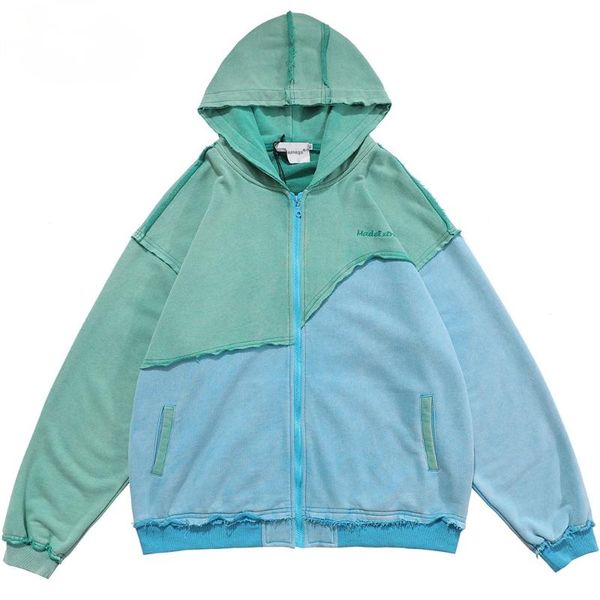 

men's hoodies & sweatshirts patchwork color zipper distressed hoodie men casual cozy hooded coats harajuku high street sweatshirt sprin, Black