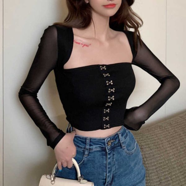 

spring women's summer korean fashion temperament mesh splicing slim long sleeve square collar t shirt tshirt 78xp 210603, White