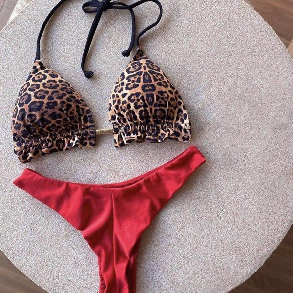 

women's swimwear 2021 leopard print stitched bikini women's swimsuit backless 2 piece set women, White;black