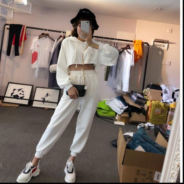 

girls fashion casual suit student women sweater summer loose cool solid jacket pants two paper dress piece with hood, White;black