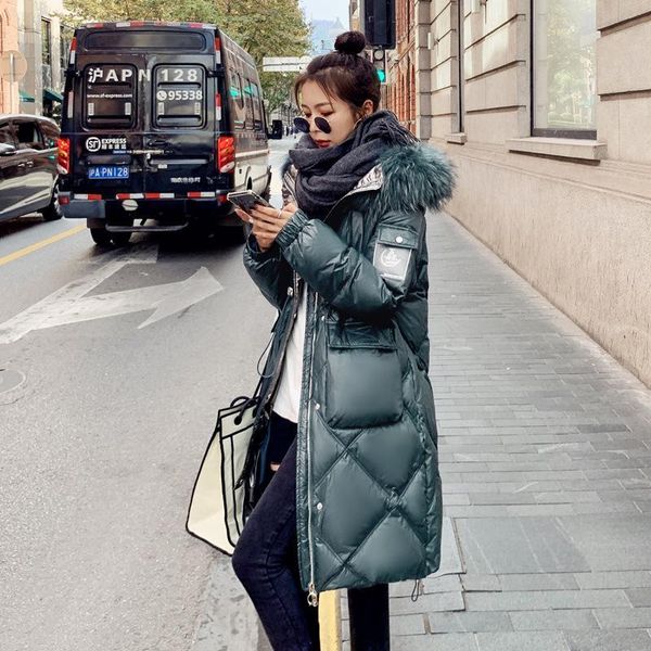 

winter long bright face bread clothes women's 2021 korean hooded cotton padded jacket with large wool collar and over knee c down & par, Black