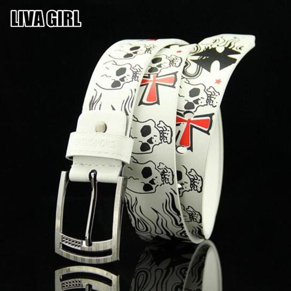 

belts liva girl hip-hop cool skull printed pattern women men pu leather alloy buckle skeleton waistband accessory, Black;brown