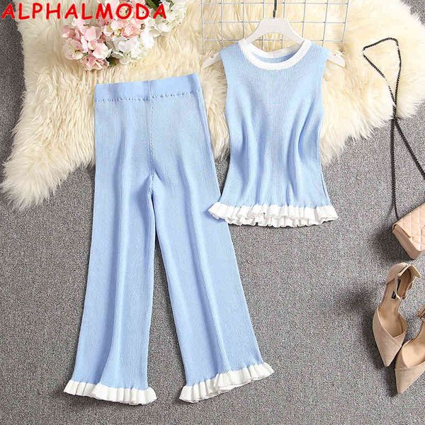 

style alphalmoda mouwlless new used + mid-calf women fashion 2 stuks summer set dames casual frilled broek pak, White