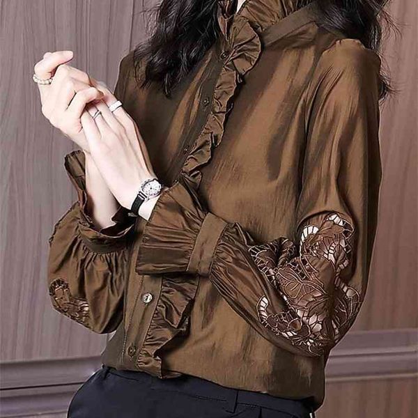 

ldyrwqy spring and autumn design hong kong style wooden ear edge with a base of long sleeves chiffon shirt 210603, White