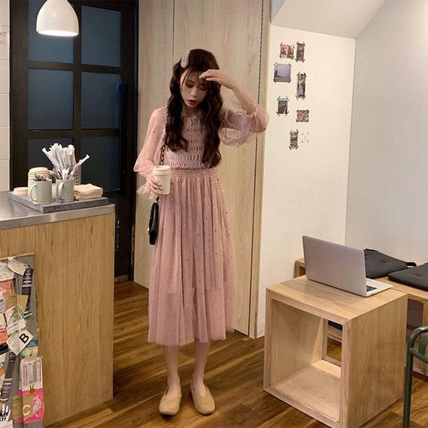 

casual dresses summer polyester women's dress square collar long sleeve pullover gauze solid korean style office lady, Black;gray