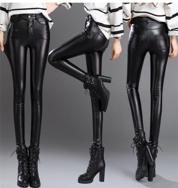 

women's pants & capris slim women leather high waist skinny pencil clothing pants&capris fashion hip pantalones mujer, Black;white