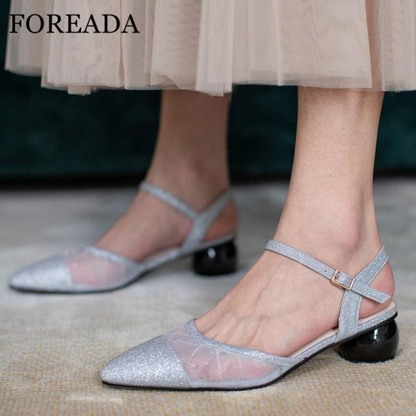 

dress shoes foreada woman two piece med heels bling thick heel pumps cutouts pointed toe ladies footwear black silver plus size 33-43