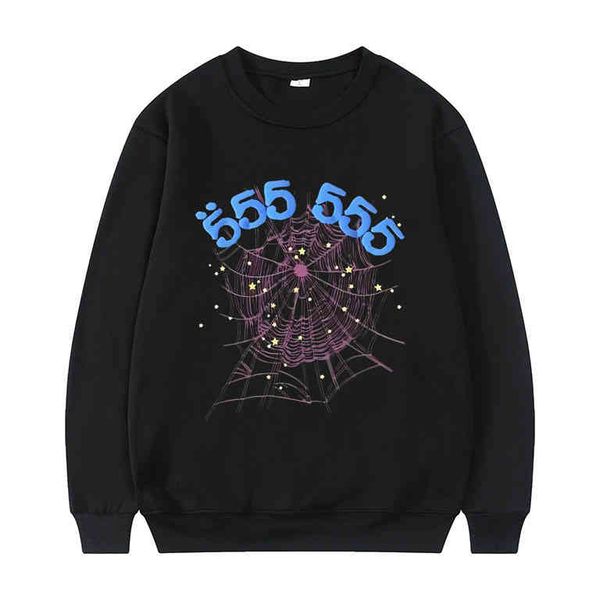 

sp5der 555555 angel number sweatshirt long sleeve men women advanced spider web pattern sweatshirts daily hip hop pullover, Black