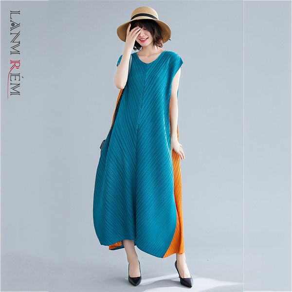 

women blue plus size long pleated dress round neck short sleeve loose fit fashion spring summer 2e1119 210507, Black;gray